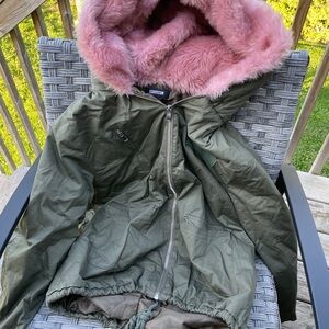 Missguided Green Jacket with Pink hood
